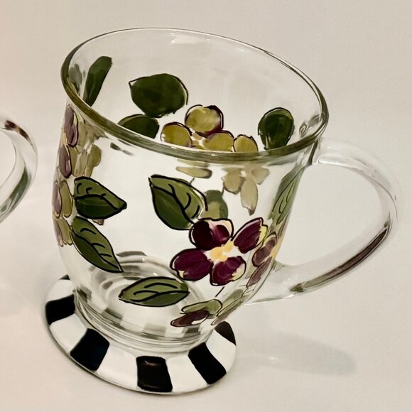 Hand Painted Anchor Hocking Clear Glass Coffee Mugs Pink Purple Floral Set of 4 - Picture 4 of 16